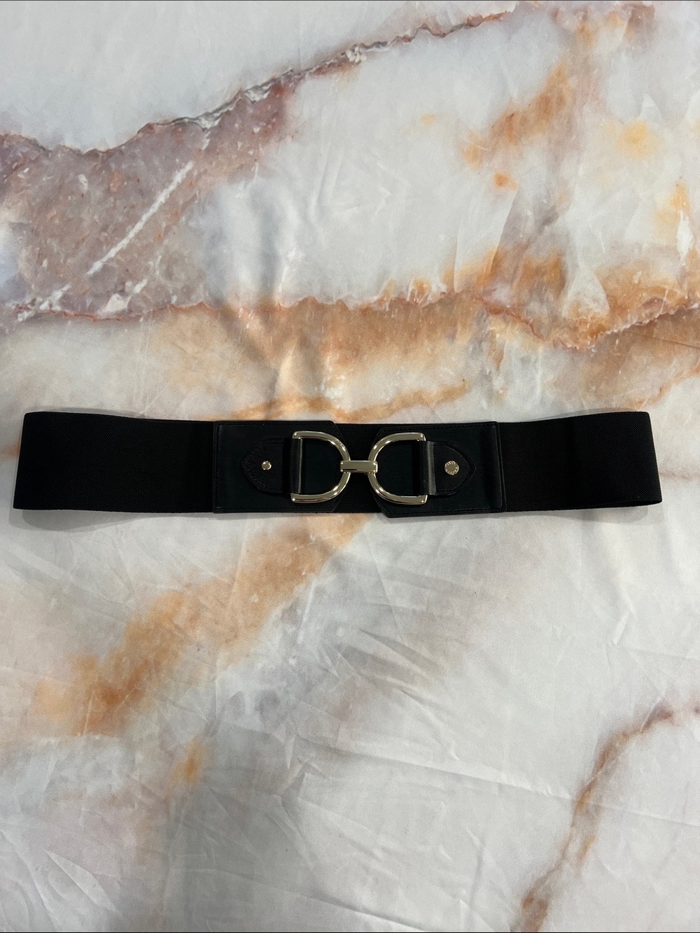 Black Elastic/Leather Detail Gold Double-Loop Buckle Belt Sz 2X Statement Staple